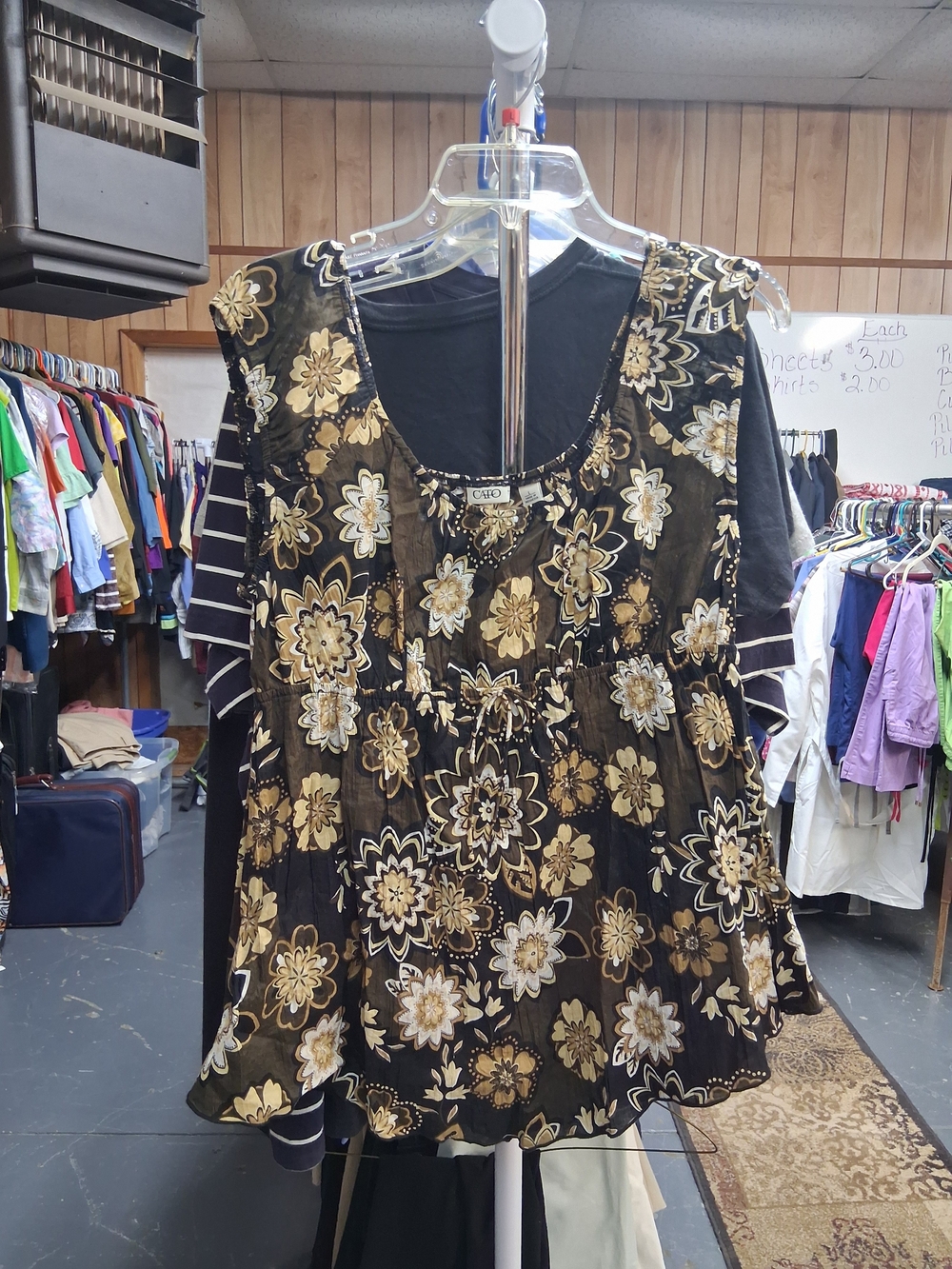 Cato Black Floral Sleeveless Peasant Tunic with Gold Accents